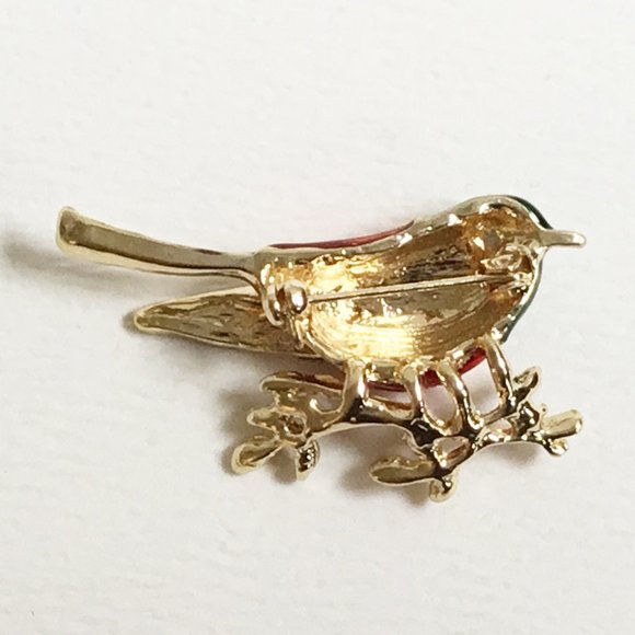 Gold Tone Enamel Rhinestone Bird On Branch Brooch - Picture 2 of 2